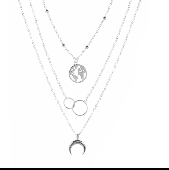 NEW Silver Boho Trendy Choker Multilayer Earth Map Circle Horn Pendant Necklace - Picture 9 of 16